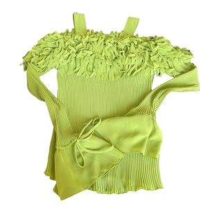 Bright green long sleeve tank with fringe detail